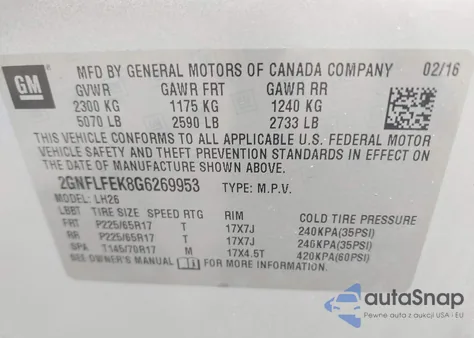 2016 Chevrolet Equinox Lt z USA, uszkodzony, nr VIN 2GNFLFEK8G6269953